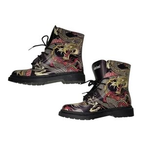 Vibefront Women's (or unisex) Dragon Print Grunge Goth Combat Boots, 8W, 6.5M